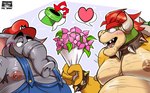 absurd_res anthro blush blush_lines body_hair bouquet bowser chest_hair clothing collar duo el_booki elephant elephant_mario elephantid facial_hair flower flower_bouquet hair hairy heart_symbol hi_res horn koopa male male/male mammal manly mario mario_bros moobs muscular muscular_anthro muscular_male mustache nintendo nipples overalls plant proboscidean red_hair scalie slightly_chubby slightly_chubby_male speech_bubble spiked_collar spikes super_mario_bros_wonder trunk