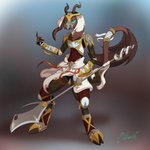 1:1 2016 2_horns absurd_res accessory anthro armor bangle blue_eyes blue_sclera blurred_background boots borobo_(miso_souperstar) bovid breastplate brown_body brown_fur caprine claws clothing digital_media_(artwork) digitigrade ear_piercing ear_ring fabric fingerless_gloves fingers floppy_ears flowing_clothing footwear fur furgonomics glaive gloves gold_(metal) gold_ear_ring gold_jewelry green_eyes green_sclera handwear head_horn headgear helmet hi_res holding_melee_weapon holding_object holding_polearm holding_weapon horn jewelry leather leggings legwear long_ears long_tail male mammal melee_weapon metal miso_souperstar orange_ribbon piercing polearm pupils ribbons ring_piercing shoes shoulder_armor signature slim slit_pupils solo steel tail tail_accessory tail_bangle tail_jewelry tail_tuft tapering_tail thick_tail toe_claws tuft turquoise_sclera vambrace wavy_horn weapon white_cloth