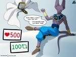 4:3 anthro beerus bottomwear clothed clothing digital_media_(artwork) domestic_cat dragon_ball dragon_ball_super english_text felid feline felis footwear gold_(metal) gold_jewelry hairless hairless_cat headdress hi_res jewelry male mammal open_mouth pants piercing prismanoodle_(artist) purple_body shoes simple_background solo sphynx_(cat) strip_meme tail text topwear undressing