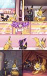 2023 absurd_res black_body black_nose city closed_smile clothed clothing comic dakota_(trepidfox) day duo eating eeveelution english_text facial_markings feral forehead_markings fuf generation_1_pokemon generation_2_pokemon grin head_markings hi_res human jolteon kricket_(trepidfox) looking_at_another male mammal markings mind_control mouth_closed mouth_hold neck_tuft nintendo open_mouth outside pawpads pokemon pokemon_(species) quadruped ring_(marking) smile standing teeth text tongue tuft umbreon yellow_body yellow_markings