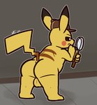 2024 4_fingers anthro backsack balls big_balls big_butt black_body black_fur black_nose black_sclera brown_body brown_clothing brown_fur brown_hat brown_headwear brown_stripes butt clothing detective_pikachu fingers frown fur generation_1_pokemon genitals half-closed_eyes hat hat_only headgear headgear_only headwear headwear_only holding_object leaning leaning_forward magnifying_glass male mostly_nude narrowed_eyes nintendo pikachu pokemon pokemon_(species) red_body red_cheeks red_fur sidewalk solo striped_body striped_fur stripes thick_thighs thinking ultilix white_eyes yellow_balls yellow_body yellow_fur