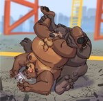 2024 absurd_res anal anthro bear belly belly_rolls ben_bigger bodily_fluids brown_body brown_fur canon_x_oc chain_necklace chubby_cheeks construction_site crown detailed_background drooling duo erection fat_rolls feet fur genitals headgear hi_res humanoid_genitalia humanoid_penis jewelry kneeling male male/male mammal mihoyo moobs necklace nipples nude oral overweight overweight_anthro overweight_male penis rimming said_the_saisio saliva sex soles toes tongue tongue_out upside_down zenless_zone_zero