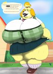 alythewolfcat animal_crossing anthro big_breasts bottomwear breasts censored_text clothed clothing clothing_lift english_text female hi_res huge_breasts huge_thighs hyper hyper_breasts hyper_thighs isabelle_(animal_crossing) morbidly_obese nintendo obese overweight pattern_clothing pattern_topwear skirt skirt_lift solo sweater sweater_vest text thick_thighs topwear vest