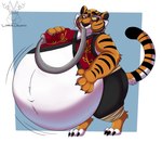 air_tank anthro asian_clothing balloon_belly belly belly_inflation big_belly body_inflation cel_shading chinese_clothing claws clothing digital_drawing_(artwork) digital_media_(artwork) dreamworks east_asian_clothing felid female finger_claws fur hi_res hose_in_mouth hose_inflation hyper hyper_inflation inflation inflation_fetish kung_fu_panda lunarlillium mammal master_tigress navel navel_outline pantherine shaded simple_background solo striped_body striped_fur stripes tiger toe_claws