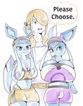 anthro apron big_breasts blonde_hair blue_body blue_skin breasts bulge bulging_breasts cleavage clothed clothing dialogue digital_media_(artwork) digital_painting_(artwork) eeveelution english_text female generation_4_pokemon glaceon group gynomorph hair holowear_(pokemon) huge_breasts human intersex male mammal nintendo orange_unite_style_glaceon pokemon pokemon_(species) pokemon_unite purple_unite_style_glaceon short_stack tapirclip text thong_straps trans_(lore) trans_woman_(lore) trio volo_(pokemon)