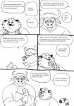 anthro benjamin_clawhauser bernielover bovid bovine cape_buffalo cheetah chief_bogo clothing comic dessert dialogue disney doughnut duo english_text eyewear felid feline food glasses hi_res horn lagomorph male mammal monochrome pastry simple_background speech_bubble text white_background zootopia