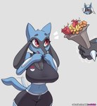 2022 anthro big_breasts blush breasts cleavage clothed clothing cooliehigh digital_media_(artwork) duo emanata eyes_closed female flower generation_4_pokemon holding_flower holding_object lucario midriff nintendo plant pokemon pokemon_(species) red_eyes riolu simple_background text tulip_(flower) url