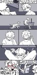 1:2 absurd_res animal_humanoid between_legs blush canid canid_humanoid canine canine_humanoid chair clothed clothing comic crawling dialogue dog_humanoid duo english_text erection erection_under_clothing floppy_ears fully_clothed furniture hi_res human humanoid inside izuku_midoriya katsuki_bakugou male male/male mammal mammal_humanoid my_hero_academia pretty_werewolf sniffing speech_bubble tail text