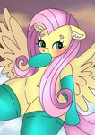 anykoe blush clothing cloud equid equine female feral fluttershy_(mlp) footwear friendship_is_magic genitals hasbro heart_eyes heart_symbol inner_ear_fluff mammal my_little_pony mythological_creature mythological_equine mythology oh_my pegasus pussy shy signature simple_background socks solo spread_wings tuft wings