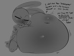 4:3 absurd_res anthro anthro_pred areola belly big_areola big_belly blush breasts burping clothed clothing dialogue digital_media_(artwork) disney english_text eyes_closed female female_anthro female_pred finger_in_mouth fully_inside greyscale hi_res huge_belly human human_prey hyper hyper_belly implied_snuff judy_hopps kneeling lagomorph larger_prey leporid mammal medium_breasts monochrome oral_vore rabbit size_difference smaller_pred solo talking_to_prey text theboogie topless unseen_prey vore zootopia