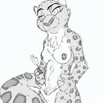 1:1 4_fingers anthro breasts clothed clothing countershading digital_drawing_(artwork) digital_media_(artwork) disney fabienne_growley felid female fingers food fur holding_food holding_object looking_at_viewer mammal markings monochrome nipples pantherine pawpads pawpsicle popsicle simple_background snow_leopard solo spots spotted_body spotted_fur swimwear thermite topless topless_female zootopia