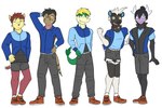 3:2 anthro anthrofied blitzle bottomwear clothed clothing cosplay daisy_dukes denim denim_bottomwear denim_clothing denim_shorts footwear fully_clothed fuze generation_5_pokemon gothorita group hi_res hilbert_(pokemon) hotpants jacket krokorok male mienfoo nintendo pants pokemon pokemon_(species) pokemorph servine shoes shorts simple_background socks topwear white_background