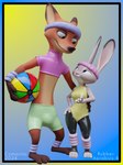 2024 3_toes 3d_(artwork) accessory aerobics anthro artist_name barefoot biped blender_(artwork) bottomwear canid canine claws clothing comorito digital_media_(artwork) disney duo european_rabbit exercise exercise_ball feet female female_anthro fitness fox headband hi_res judy_hopps lagomorph latex leg_warmers leggings legwear leotard leporid male male_anthro mammal nick_wilde oryctolagus paws plantigrade rabbit red_fox shirt shorts toeless_legwear toes topwear true_fox wristband zootopia