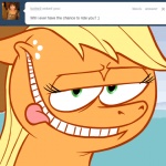 1:1 2d_animation animated applejack_(mlp) ask_jappleack blonde_hair clothing digital_media_(artwork) earth_pony english_text equid equine female friendship_is_magic green_eyes hair hasbro hat headgear headwear horse hotdiggedydemon looking_at_viewer mammal my_little_pony pony short_playtime smile solo text tongue tongue_out tumblr