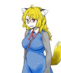 5:6 akuma_gaoru anthro big_breasts blonde_hair blue_clothing blue_dress breasts canid canine canis clothing domestic_dog dress eyewear female fluffy fluffy_tail fur futaba_channel gao-san glasses grey_body grey_fur hair mammal may_(futaba) red_ribbon simple_background solo strap_between_breasts tail unumiseto white_background white_hair yellow_tail