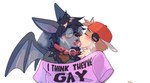 2024 anthro backwards_cap bat biped black_body black_fur blue_body blue_fur blush brown_body brown_fur chester_the_otter clothing collar duo eyes_closed french_kissing fur hi_res kissing licking_tongue male male/male male_anthro mammal mustelid otter pink_clothing pink_shirt pink_topwear s1nparty sharing_clothing shirt stated_homosexuality stated_sexuality topwear vtuber