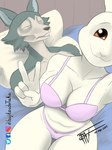 anthro beastars bed bra breasts canid canine canis clothed clothing colored_line_art death_by_snu_snu digital_media_(artwork) domestic_rabbit duo dwarf_rabbit female fur furniture gesture grey_body grey_fur guy_tired_after_sex_(meme) hand_gesture haru_(beastars) hi_res humor lagomorph legoshi_(beastars) leporid looking_at_viewer lying male mammal meme on_back on_bed open_mouth oryctolagus panties pillow rabbit selfie simple_background sitting smile taka_studio teeth underwear v_sign white_body white_fur wolf