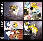 alarm alarm_clock bau_husky bed beverage canid canine canis clock clothed clothing coffee comic confusion dialogue domestic_dog dream duo furniture gab_(comic) gab_shiba gabshiba husky lying male mammal morning nordic_sled_dog on_bed open_mouth pictographics question_mark red_clothing red_underwear shiba_inu solo spitz topless under_covers underwear waking_up wide_eyed