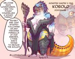 absurd_res anthro big_tail blue_body blue_scales breasts capcom claws cleavage clothed clothing crossover dialogue dodogama dungeons_and_dragons fanged_wyvern female fingerless_gloves gloves handwear hasbro hi_res hybrid kobold lluisabadias monster_hunter robe scales scalie short_stack solo speech_bubble staff tail text thick_tail toe_claws wizards_of_the_coast yellow_eyes