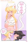 black_hair blonde_hair blush blush_lines cat_tail clothing comic comic_panel dialogue domestic_cat duo english_text felid feline felis femboy gloves hair handwear hi_res horny_imp humanoid kairo_(horny_imp) legwear male male/male mammal shairo_(horny_imp) speech_bubble stockings tail text topwear url yellow_eyes