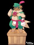 3:4 alpha_channel anthro bulge chaps clothing feathers flaming_flagon generation_3_pokemon hat headgear headwear kulplant male murry_(kulplant) navel neck_ribbon nintendo nipples pokemon pokemon_(species) pouch_(clothing) short_male slightly_chubby solo wooden_box zigzagoon