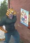 2021 absurd_res anthro black_body black_fur clothed clothing comic countershading english_text felid female fully_clothed fur hi_res male mammal multicolored_body multicolored_fur orange_body orange_fur outside pantherine pngx_(artist) poster stripes text tiger url walking white_body white_fur yellow_eyes