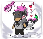 anthro big_spike canid canine canis chibi clothing dobermann domestic_dog duo ethan_bedlam glomp heart_symbol hi_res male male/male mammal mastiff mohawk molosser pinscher procyonid raccoon rottweiler shirt smile spike_(big_spike) tank_top topwear