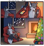 4_toes 5_fingers anthro bent_arm bent_leg black_nose blocky_snout brown_eyes canid canine cellphone chair christmas christmas_tree comic decoration dipstick_ears dipstick_tail ear_markings electronics english_text extended_arm extended_leg feet fingers fire fireplace fox fur furniture gift grey_body grey_fur hi_res holidays inside looking_outside male mammal markings multicolored_body multicolored_ears multicolored_fur on_armchair on_chair pawpads phone plant planted_leg recliner resting_legs sitting sitting_on_chair smartphone smile snout snow snowing snowing_outside solo sound_effects starrffax starrffax_(fox_sona) supported_arm tail tail_markings tail_on_chair tail_on_furniture text text_message toes tree two_tone_body two_tone_fur white_ear_tips