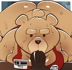 animate_inanimate anthro anthro_penetrated apron bear big_butt bodily_fluids butt clothing dark_body dark_skin duo fellatio first_person_view foreplay genitals hi_res human human_on_anthro human_penetrating human_penetrating_anthro human_penetrating_male human_pov interspecies living_plushie male male/male male_on_anthro male_on_human male_penetrated male_penetrating male_penetrating_anthro male_penetrating_male male_pov mammal moobs name_tag oral oral_penetration overweight overweight_anthro overweight_male penetrating_pov penetration penile penile_penetration penis plushie sex short_stack speechless stitch_(sewing) sweat ted_(movie) ted_(ted) trashtoonz vein veiny_penis wide_hips