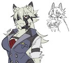 anthro belt breasts canid canine canis clothing crossgender eye_patch eyewear female female_anthro fur hair hi_res looking_at_viewer mammal mihoyo mtf_crossgender red_eyes solo titania_(artist) von_lycaon white_body white_fur white_hair wolf zenless_zone_zero