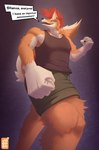 alternative_fashion announcement anthro canid canine canis claws clothed clothing dingo english_text fist hi_res jooper male mammal punk punk_hair raised_tail slightly_muscular slightly_muscular_male solo speech_bubble tail teeth text