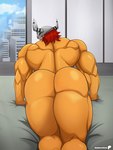 absurd_res anthro armor back_muscles bandai_namco biceps butt city cityscape digimon digimon_(species) hair headgear helmet hi_res horn horned_helmet looking_back male muscular muscular_anthro muscular_male nude orange_body presenting presenting_hindquarters red_hair scalie solo wargreymon zuwardo