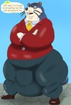 alythewolfcat animal_crossing anthro belly big_belly big_bulge buckteeth bulge crossed_arms english_text eyewear glasses hi_res huge_belly huge_bulge huge_hips hyper hyper_bulge lyle_(animal_crossing) male mammal morbidly_obese mustelid nintendo obese otter overweight overweight_male solo teeth text wearing_glasses wide_hips worksuit