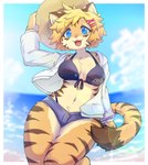 2022 alternative_fashion anthro bikini bikini_top blonde_hair blue_eyes bottomwear breasts brown_body brown_fur clothed clothing cute_fangs cutoffs denim denim_bottomwear denim_clothing digital_media_(artwork) fangs felid female female_anthro fuo_(hanadaiteol) fur gyaru hair hanadaiteol hat headgear headwear hi_res hoodie j-fashion kemono looking_at_viewer mammal multicolored_body multicolored_fur multicolored_tail navel open_mouth pantherine portrait short_hair shorts solo swimwear swimwear_under_clothing tail teeth three-quarter_portrait tiger tongue topwear two-piece_swimsuit white_body white_fur yellow_body yellow_fur