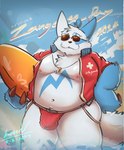 2024 anthro belly blue_body bulge clothing eyewear facial_hair generation_3_pokemon hi_res jockstrap male moobs mustache navel nintendo nipples overweight overweight_male pokemon pokemon_(species) solo sunglasses surfboard text underwear vres14k white_body zangoose zangoose_day