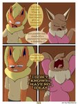 3:4 absurd_res angry anthro big_breasts bodily_fluids breasts brown_body brown_eyes brown_fur canid canine clothing comic dialogue digital_drawing_(artwork) digital_media_(artwork) eevee eeveelution elizabeth_venizee english_text fangs female flamberry_(artist) flareon franklin_flare fur generation_1_pokemon hair hi_res ibispaint_(artwork) male male/female mammal nintendo open_mouth orange_body pokemon pokemon_(species) screaming simple_background sweat tail teeth text tongue