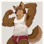 1:1 2024 anthro armpit_hair barazoku bezzeroo biceps big_muscles biped body_hair boxers_(clothing) brown_body brown_fur canid canine canis clothing fur gesture hand_behind_head hand_gesture hi_res looking_at_viewer male mammal muscular muscular_anthro muscular_male orange_eyes pecs pointing pointing_at_self pointing_with_thumb raised_arm red_boxers red_clothing red_underwear shirt solo standing tank_top topwear underwear white_clothing white_shirt white_tank_top white_topwear wolf