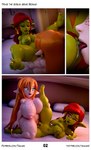 3d_(artwork) absurd_res big_breasts biped breast_size_difference breasts comic cunnilingus dialogue digital_media_(artwork) duo elf felicia_(tahlian) female female/female freckled_breasts freckles genitals goblin green_body green_skin hair hi_res humanoid humanoid_pointy_ears licking nipples not_furry nude oral pubes pussy raised_leg red_hair sex short_stack tahlian text thick_thighs tongue tribadism url vaginal