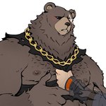 1:1 anthro bear ben_bigger blush brown_body brown_fur clothing duo embarrassed facial_scar fur human jewelry male male/male mammal mihoyo missing_eye moobs necklace nipples overweight scar schizoid shirt tank_top topwear wise_(zenless_zone_zero) zenless_zone_zero