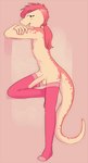 anthro balls big_penis clothed clothing conditional_dnp crossdressing erection femboy foreskin funkybun genitals hair hi_res humanoid_genitalia humanoid_penis legwear legwear_only lizard long_hair long_penis looking_at_viewer male mostly_nude nipples noah_(funkybun) penis pink_background pink_body pink_hair pink_skin ponytail reptile scalie simple_background solo stockings stockings_only undercut