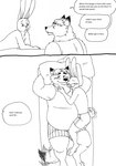 2023 anthro bed belly bernielover blush canid canine clothed clothing comic cuddling dialogue disney duo english_text eyes_closed fan_character fox furniture gideon_grey hands_behind_head hi_res hug lagomorph leporid lying lying_on_bed male male/male mammal monochrome nate_hopps on_bed overweight overweight_male pillow rabbit red_fox shirt smile tail tail_motion tailwag tank_top text topless topwear true_fox underwear underwear_only zootopia