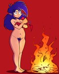 4:5 absurd_res big_hair breasts burning_clothes clothing covering covering_breasts crossed_arms elf female fire front_view frown gloves hair handwear hi_res humanoid humanoid_pointy_ears long_hair navel nude popfulblue pubes purple_eyes purple_hair purple_pubes red_background red_clothing red_gloves red_handwear simple_background solo tan_body tan_skin thick_thighs wide_hips