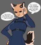 2019 anthro big_breasts breasts canid canine cellphone clothed clothing electronics english_text evie_(nox) female fur harness hi_res jumpsuit mammal nox_(artist) phone portrait signature simple_background solo standing tan_body tan_fur tan_inner_ear text three-quarter_portrait