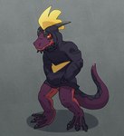 argon_vile bottomless clothed clothing hands_in_both_pockets hi_res hoodie hoodie_only horn kobold leezpunk lizard male pal_(species) palworld partially_clothed pocketpair reptile scalie shadowdile solo tail topwear topwear_only