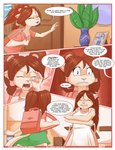 anthro bottomwear brown_hair clothed clothing comic digital_media_(artwork) domestic_cat duo emily_(paddedulf) english_text felid feline felis female fur hair hi_res mammal open_mouth paddedulf smile text white_body white_fur