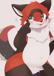 2023 anthro black_body black_ears black_facial_markings black_fur blush blush_lines canid canine countershading crotch_tuft digital_media_(artwork) featureless_crotch fox fur glistening glistening_body glistening_eyes green_eyes hand_behind_back hi_res iryu_km kemono mag_(mag_asst) male mammal multicolored_body narrowed_eyes navel neck_tuft portrait production_taiikukan red_body red_fur slightly_chubby teasing three-quarter_portrait three-quarter_view tongue tongue_out tuft white_body white_countershading white_fur young young_anthro young_male