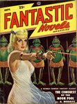 1948 20th_century absurd_res amphibian ancient_art anthro armband black_eyes blonde_hair blue_eyes bracelet breasts cleavage clothed clothing collar dress english_text fantastic_novels_magazine female frog group hair hi_res human jewelry kilt lawrence_sterne_stevens male mammal pulp_cover ranged_weapon raygun side_boob staff text the_moon_pool translucent translucent_clothing weapon yolara