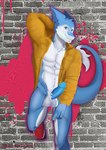 anthro austintgarts balls blue_body blue_penis clothing coat footwear genitals hi_res leaning_on_wall male muscular penis sergal shoes solo topwear traviss_(character)