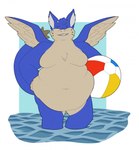 2022 2_horns angel_dragon anthro ball beach_ball belly bent_arm big_belly blue_body blue_fur blue_tail blue_wings cheek_tuft chest_tuft digital_drawing_(artwork) digital_media_(artwork) dragon eyes_closed facial_tuft fangs feathered_wings feathers flat_colors front_view fur grey_inner_ear_fluff hand_on_hip hi_res holding_beach_ball horn ikun_(crowred) inflatable inner_ear_fluff long_tail male moobs multicolored_body multicolored_fur mythological_creature mythological_scalie mythology navel nude nude_anthro nude_male obese obese_anthro obese_male overweight overweight_anthro overweight_male partially_submerged rectangle scalie short_horn simple_background small_horn smile solo spread_wings standing tail tan_body tan_feathers tan_fur tan_horn tan_wings teeth theannoyingnpc thick_thighs thin_eyebrows toothy_grin tuft two_tone_body two_tone_fur two_tone_wings water white_background wings