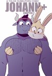 anthro backwards_baseball_cap backwards_hat baseball_cap blush bovid bovine cattle clothing cover cover_art cover_page duo ear_piercing english_text hat headgear headwear hi_res horn johann_(t0l0k) lagomorph leporid male mammal milo_(t0l0k) muscular muscular_male pec_grab pecs piercing rabbit simple_background t0l0k text white_background